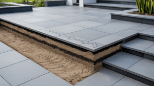 A professionally installed patio in a modern Essex garden showing correct drainage slopes and a solid sub-base. Include a porcelain patio surface, exposed sub-base layers at one edge, and subtle water flow direction indicators. Clean, realistic outdoor lighting.