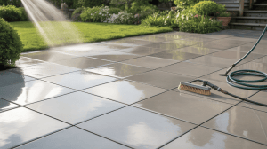 Clean, well-maintained patio in an Essex garden after brushing and washing.