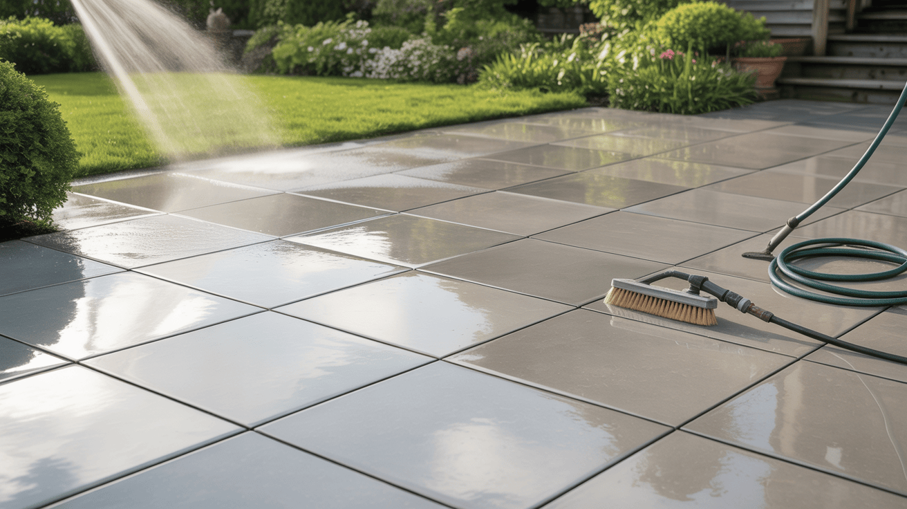 Clean, well-maintained patio in an Essex garden after brushing and washing.