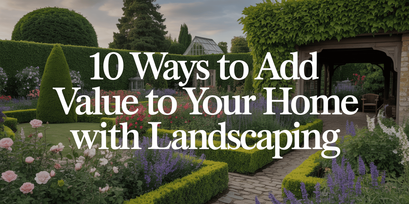 A professional blog post layout featuring the title "10 Ways to Add Value to Your Home with Landscaping