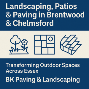 Modern landscaped garden in Essex with a porcelain patio, block-paved driveway, and lush greenery, showcasing professional paving and landscaping services