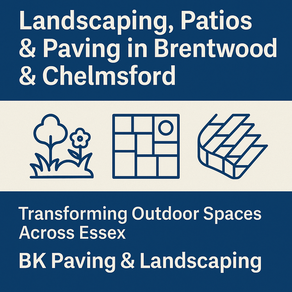 Modern landscaped garden in Essex with a porcelain patio, block-paved driveway, and lush greenery, showcasing professional paving and landscaping services